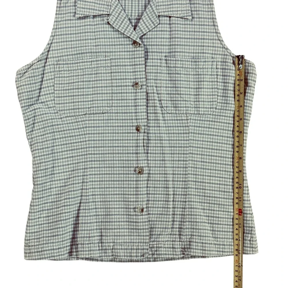 Columbia Women's Small Sleeveless Gingham Button Down In Olive, White Cotton
